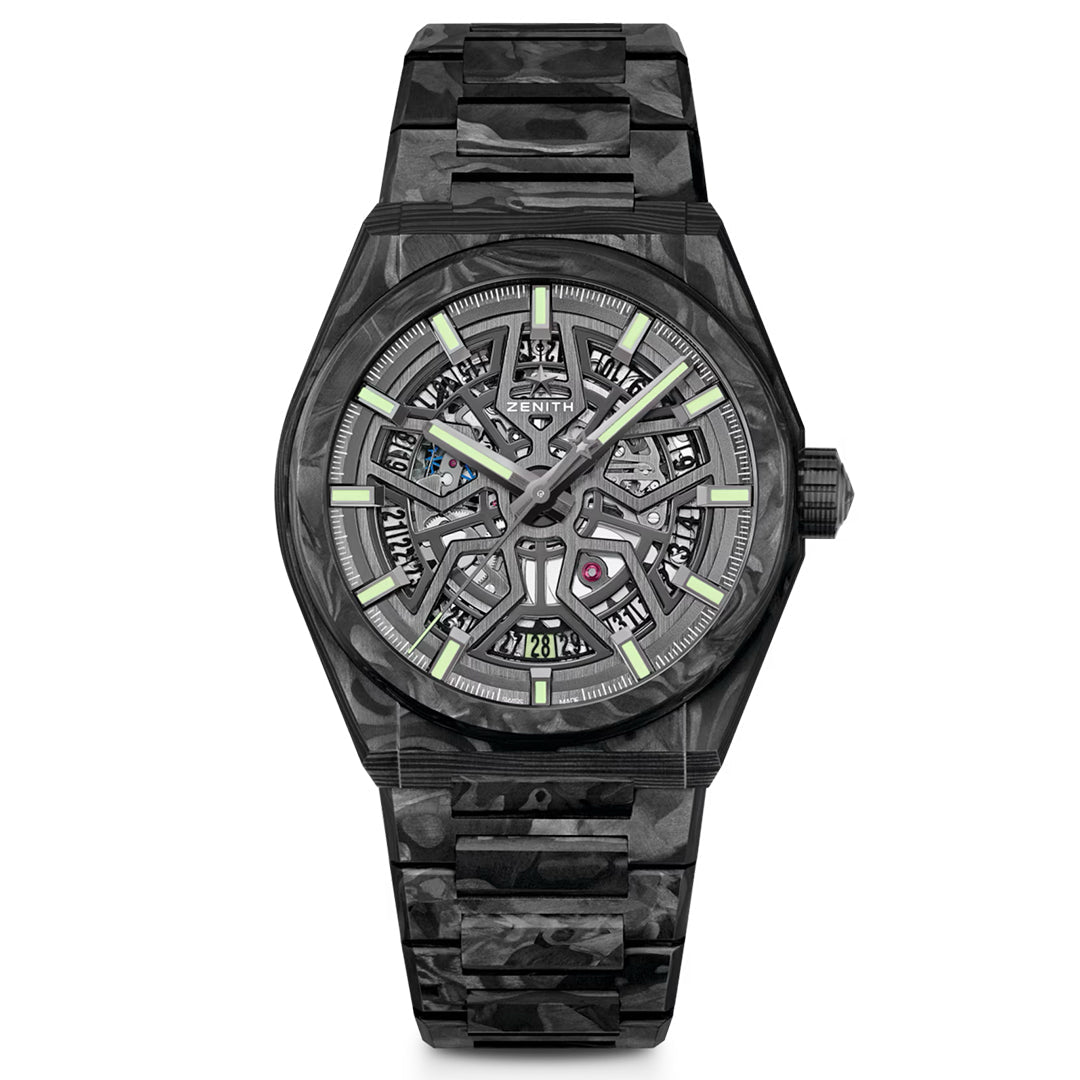 The ZENITH Defy Classic Elite 670 SK 41mm Watch by Zenith features a luxury black skeleton design, ELITE automatic movement, and a skeleton dial with intricate mechanics. It boasts a patterned band, luminescent markers, and a geometric carbon fiber case for an exquisite look.