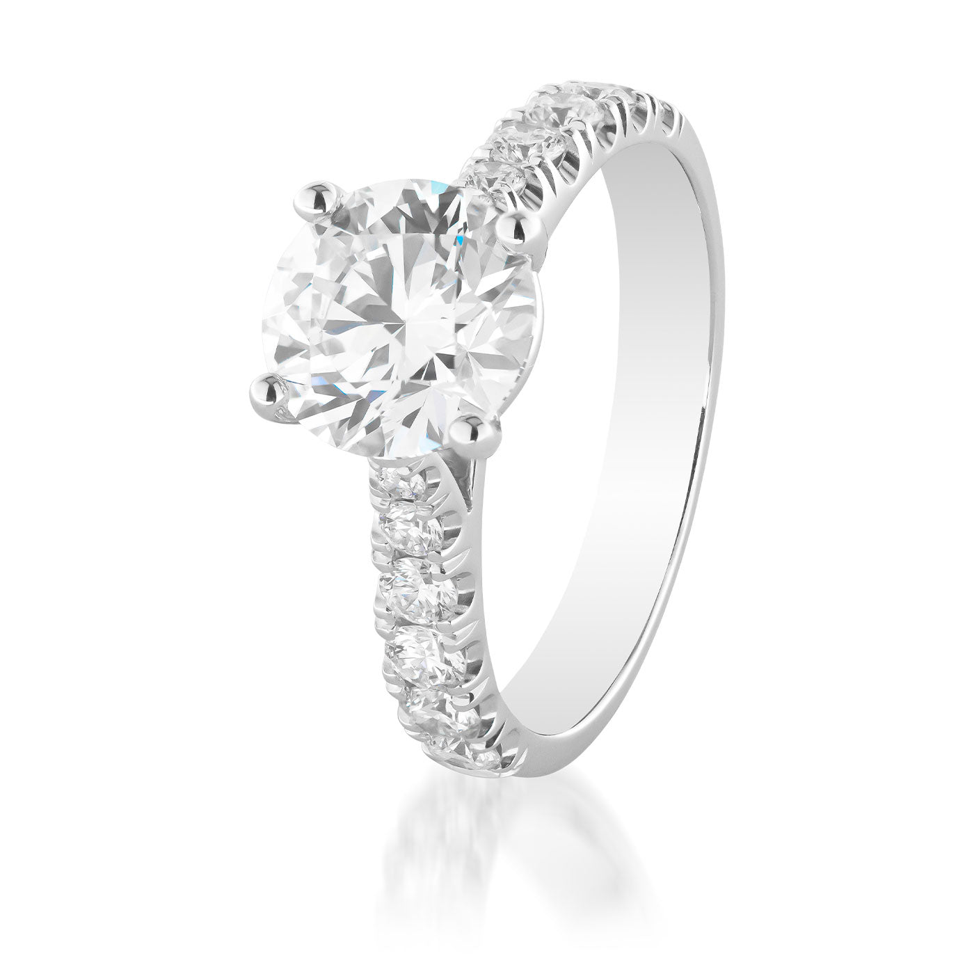 The Raffi&Co.® 18K White Gold Engagement Ring is elegantly showcased on a white background, featuring a magnificent central lab-grown round brilliant diamond, complemented by intricately set mined accent diamonds along the band.
