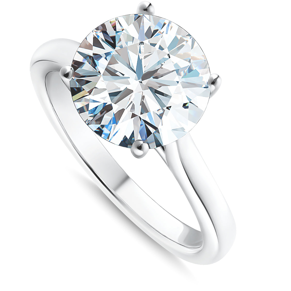 The Raffi&Co.® engagement ring showcases a 3.5-carat round brilliant solitaire diamond set prominently in a six-prong setting on a polished 14K white gold band, enhancing its elegant sparkle and reflective brilliance.