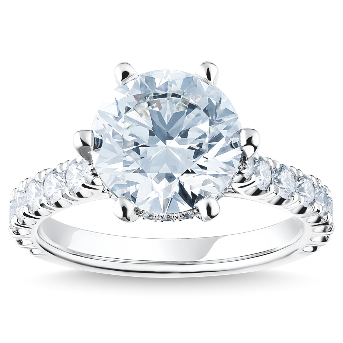 Introducing the Raffi&Co.® 14K White Gold Round Brilliant Hidden Halo Diamond Engagement Ring, a breathtaking piece that showcases a large, round brilliant-cut diamond at its center. Accentuated by smaller round diamonds along the band in prongs, this masterpiece is set in exquisite 14K white gold and is elegantly displayed against a plain white background. Certified by GIA for exceptional quality, it's the perfect symbol of love and commitment from Raffi&Co.