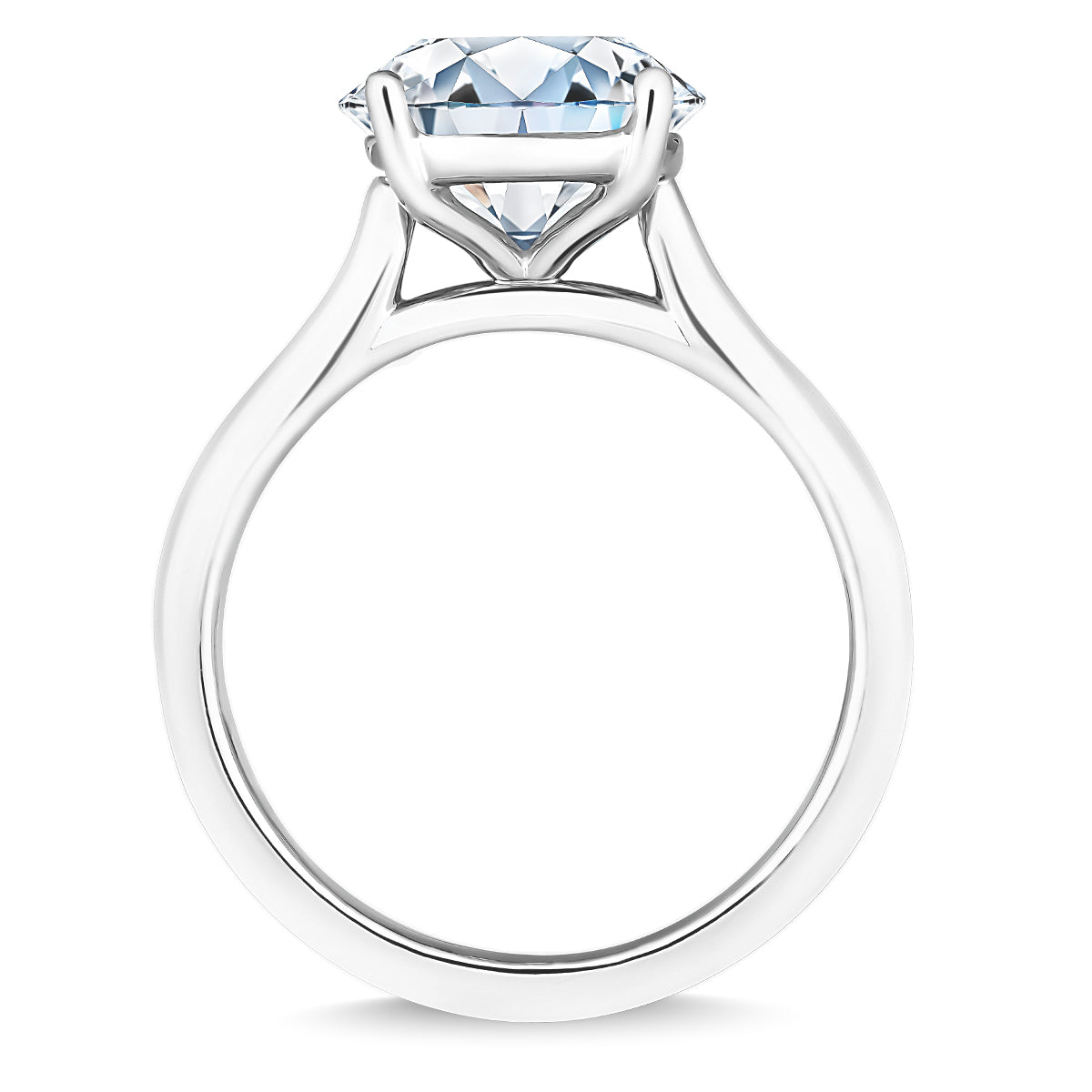 This Raffi&Co.® 14K White Gold Round Brilliant Solitaire Diamond Engagement Ring features a 3.5 carat round-cut diamond in a minimalist prong setting on a sleek band. The side view showcases the diamond's brilliance and the exquisite craftsmanship of the setting, embodying Raffi&Co's commitment to elegance.