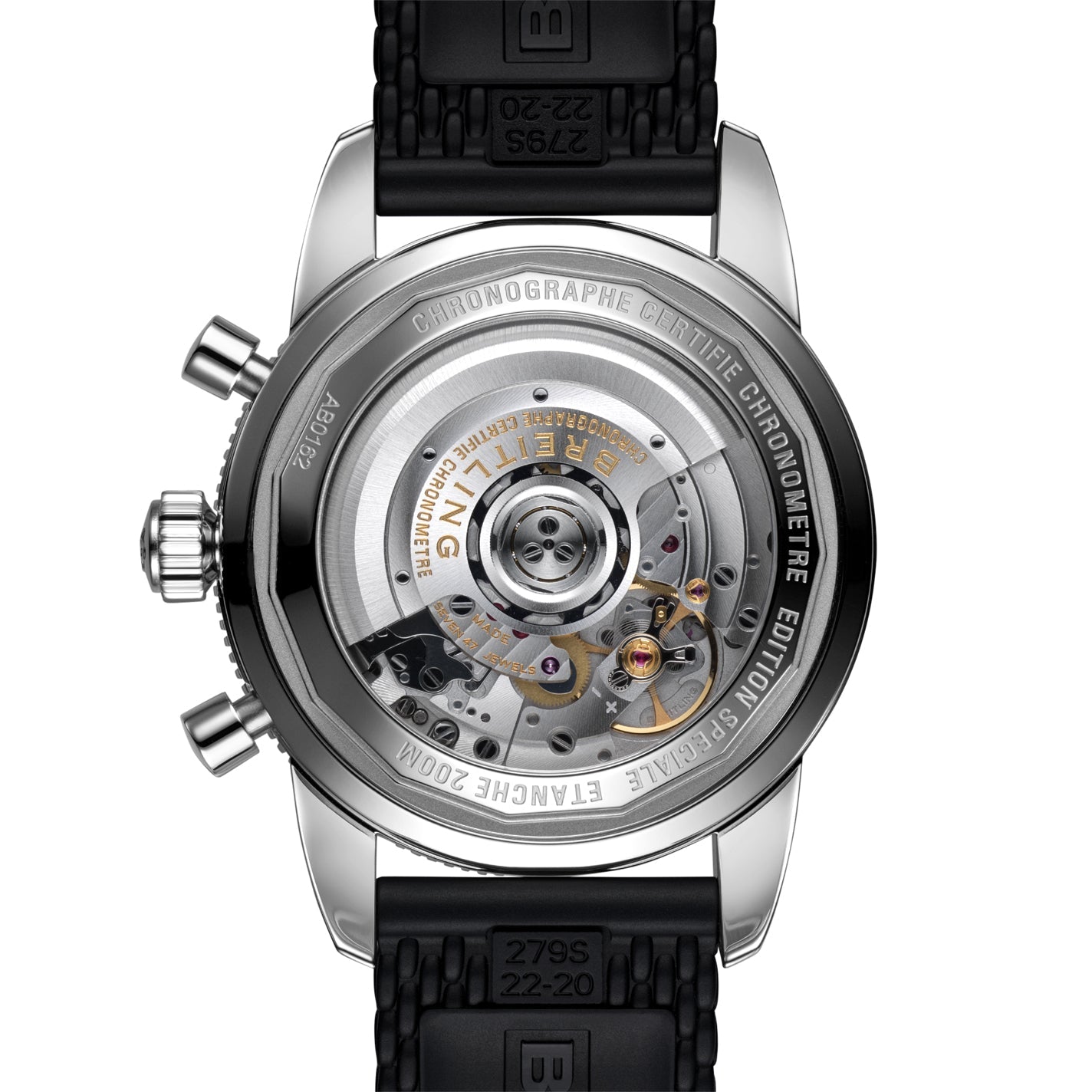 The image showcases the back of the BREITLING Superocean Heritage B01 Chronograph 44, featuring a visible mechanical movement. Its circular metal casing is complemented by a black strap, and through the transparent back, the intricate inner gears and components of this Breitling Manufacture Caliber 01 can be seen.