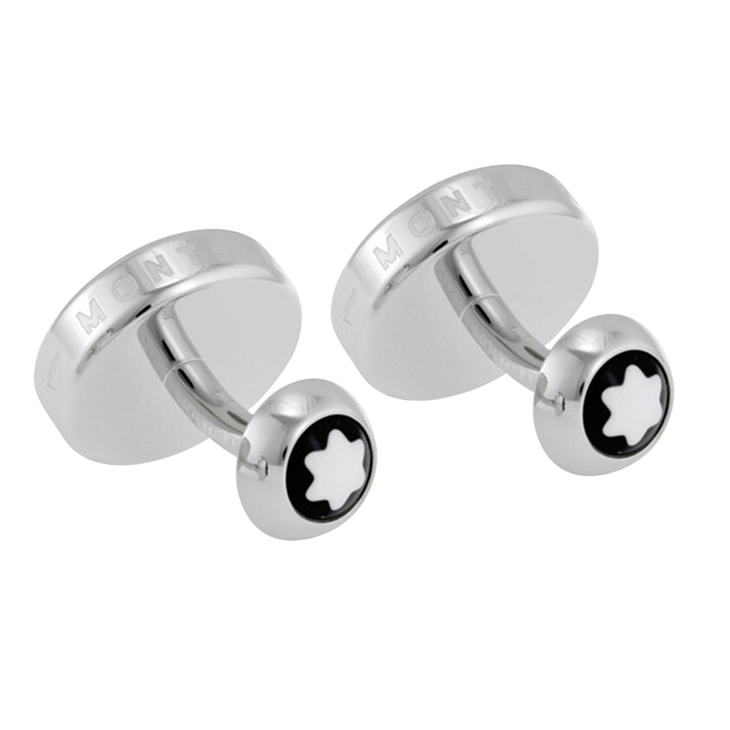 The Montblanc Creative Platinum Plated Cufflinks showcase an elegant round design with black accents, exuding a sophisticated shine. The surface prominently features the iconic Montblanc star logo, and the sides are elegantly embellished with intricate engravings.