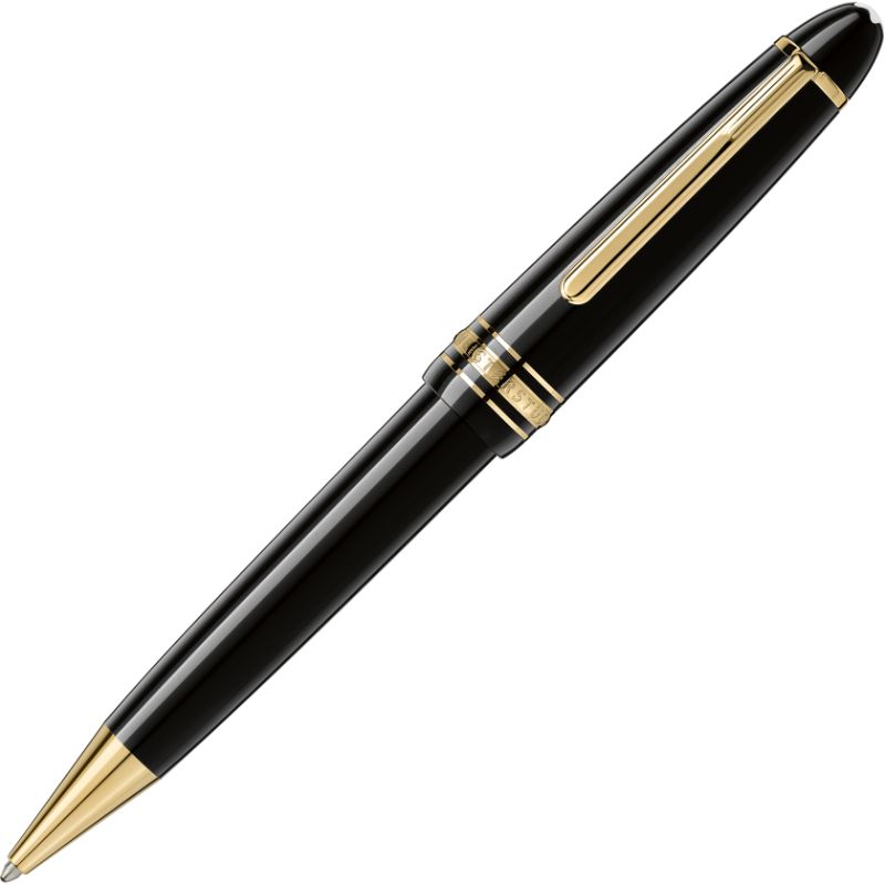 The Montblanc Meisterstuck LeGrand Ballpoint Pen is a sophisticated writing instrument crafted in sleek black precious resin, adorned with gold accents and a clip. It features a polished and elegant design that encapsulates the timeless style of the Montblanc brand.