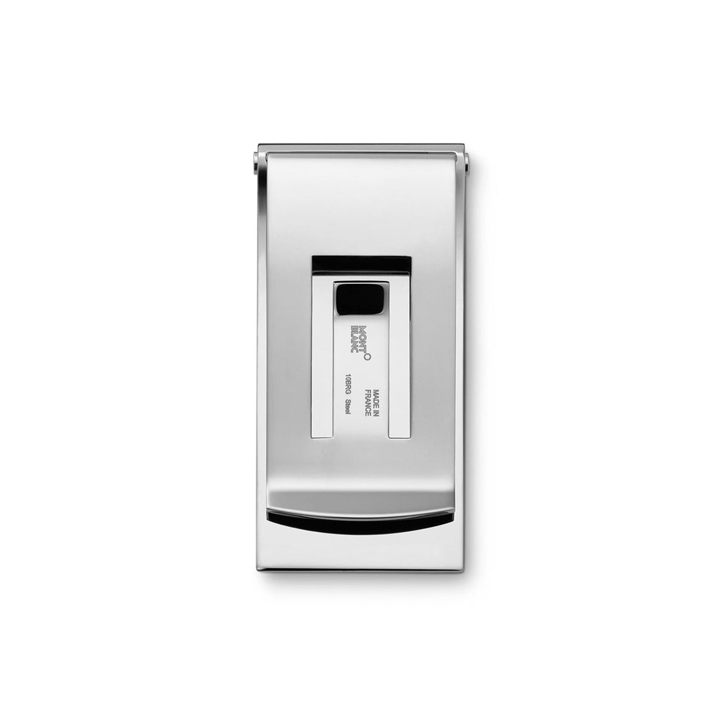 A Montblanc money clip crafted from stainless steel, featuring "MONEY CLIP" and "STAINLESS STEEL" engravings. It showcases a polished finish and a rectangular design, exuding luxury with Montblanc's signature style against a pristine white background.