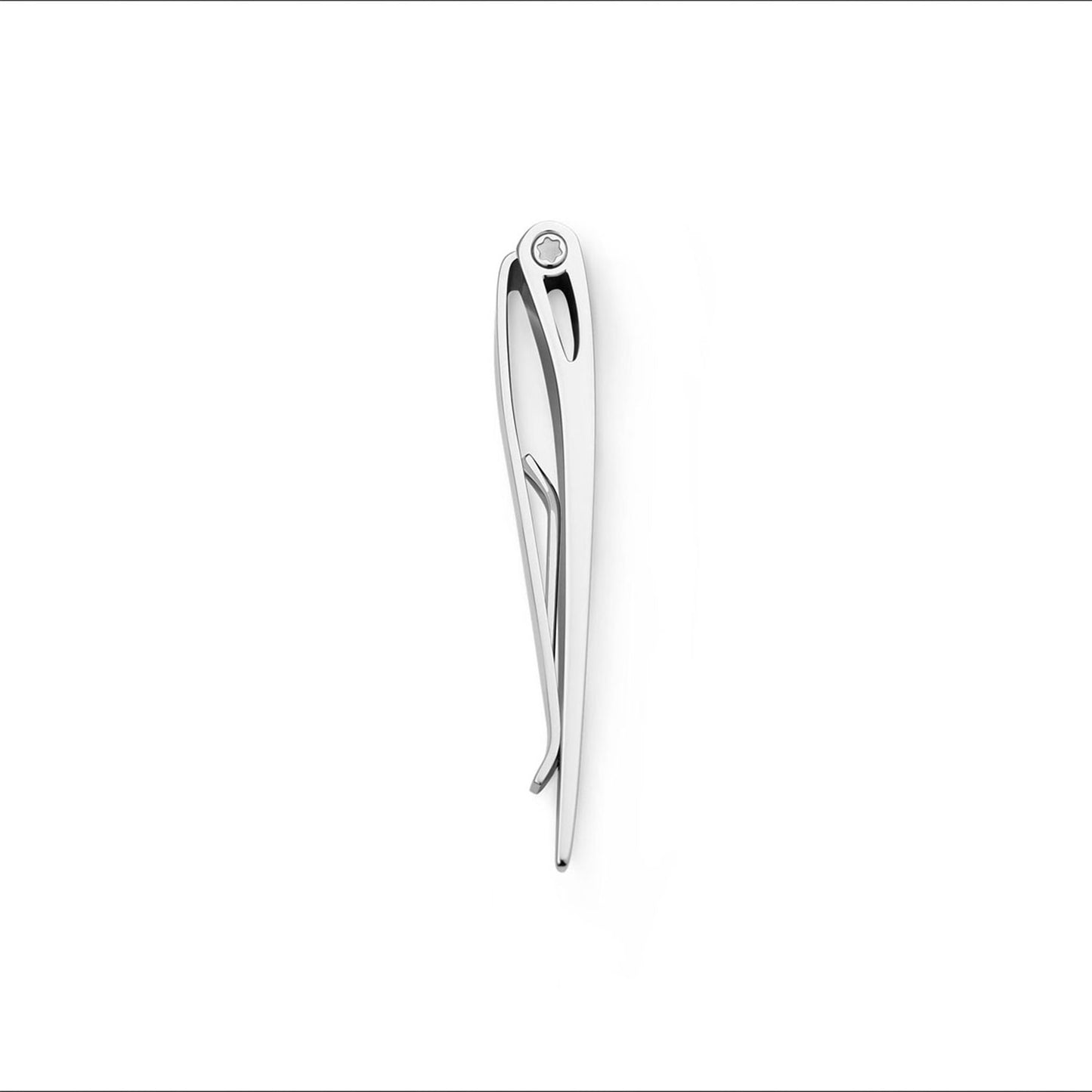 A sleek, silver Montblanc money clip with a minimalist design featuring a small circular embellishment at one end. The clip is placed vertically against a white background, showcasing its subtle elegance.