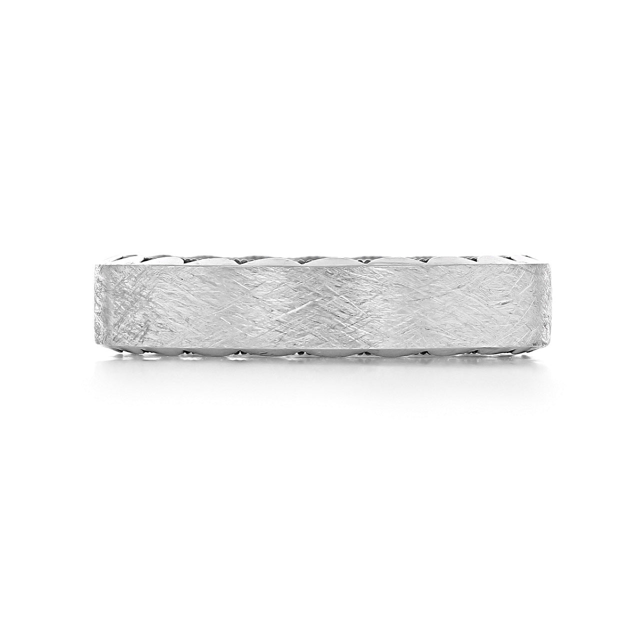 A Tacori Classic 18K White Gold Men's Wedding Band featuring a textured silver design with a matte finish and a flat, high-polished band, showcased on a white background.