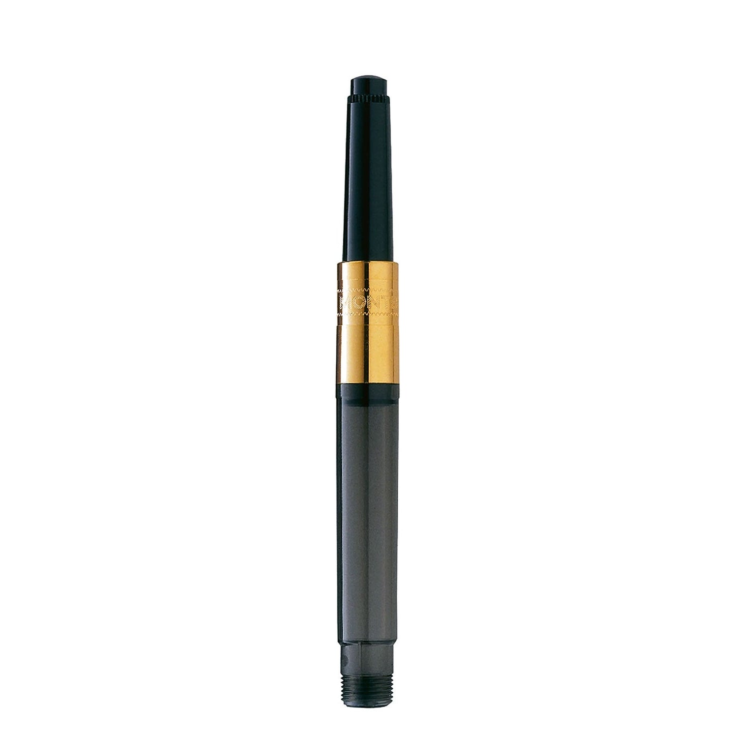 The Montblanc Piston Converter, with its elegant black and gold design, showcases a transparent bottom half that reveals the intricate piston filling system—making it an essential Classique piece for any Montblanc Meisterstück fountain pen aficionado.