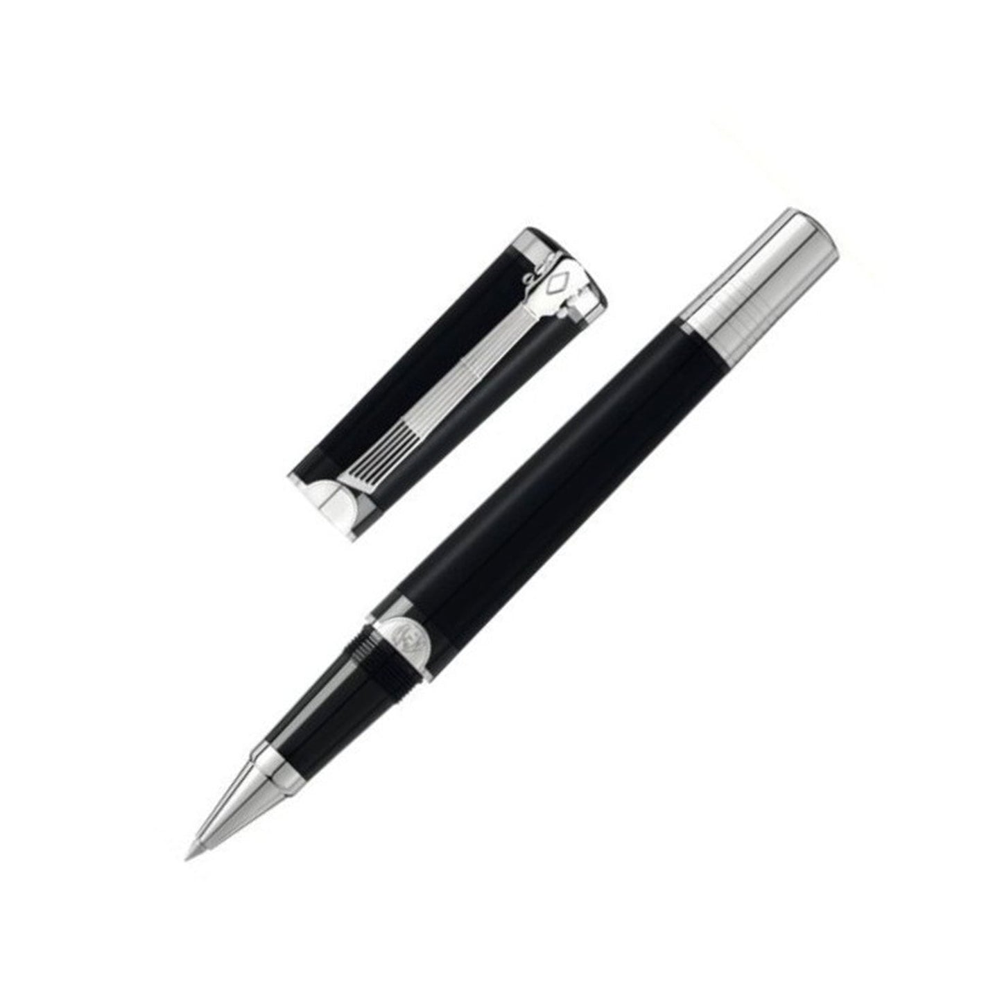 A sleek black rollerball pen with silver accents, its cap removed and placed beside it. The shiny metallic tip is exposed, showcasing its elegant and sophisticated design on a plain white background. This Montblanc Donation Pen John Lennon Special Edition beautifully embodies the perfect blend of style and functionality.