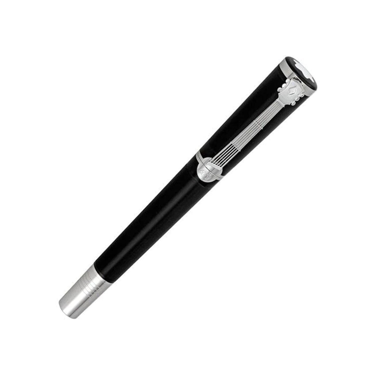 A Montblanc Donation Pen John Lennon Special Edition Rollerball Pen showcasing a black and silver design with a guitar motif on the barrel.