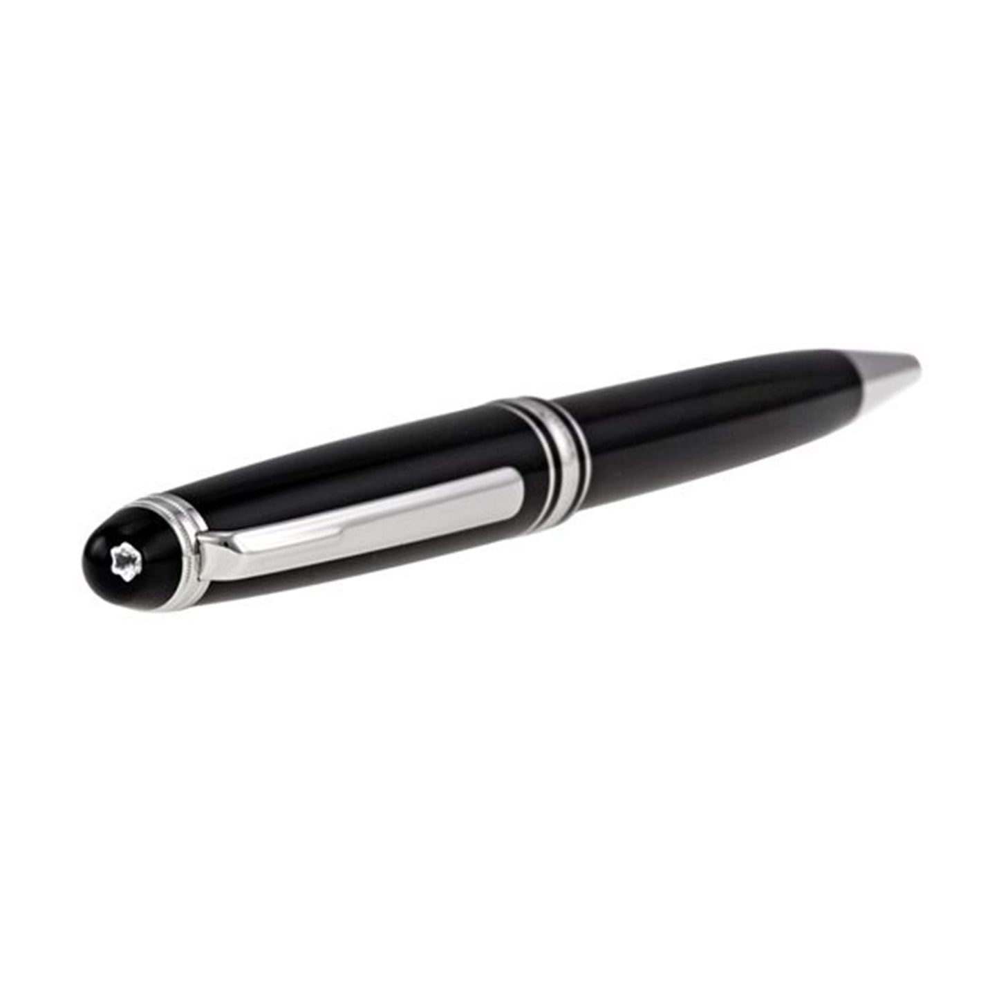 A sophisticated Montblanc Meisterstück Diamond Classique Ballpoint Pen, elegantly designed in black with silver accents and featuring a clip and a rounded cap, lies horizontally on a simple white background.