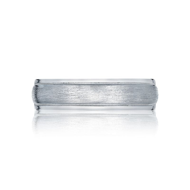 A Tacori Classic Brush Finish wedding band in 18K white gold, showcasing a brushed texture with polished edges and intricate detailing. The distinctive ring is set against a white background, highlighting its reflection beneath.