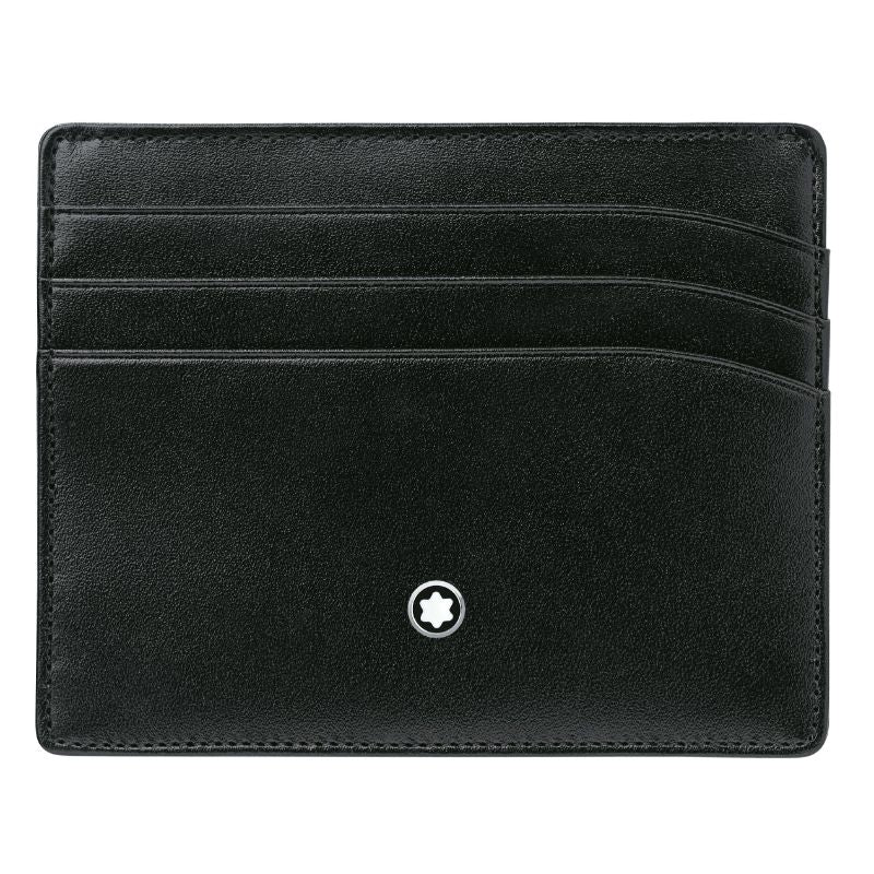 A Montblanc Meisterstück Pocket 6cc leather card holder in black, featuring four slots, crafted from calfskin with a small white star emblem in the center.