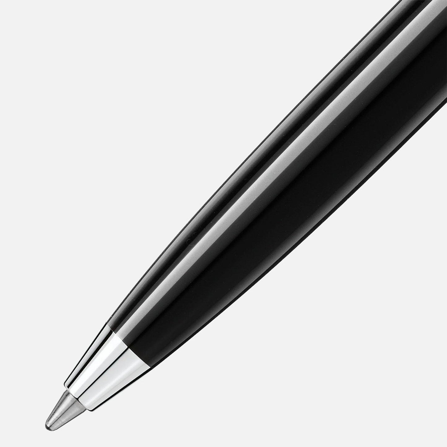 Close-up of the Montblanc Meisterstück Platinum Coated Mozart Ballpoint Pen, showcasing its shiny platinum-coated chrome tip, set against a plain white background.