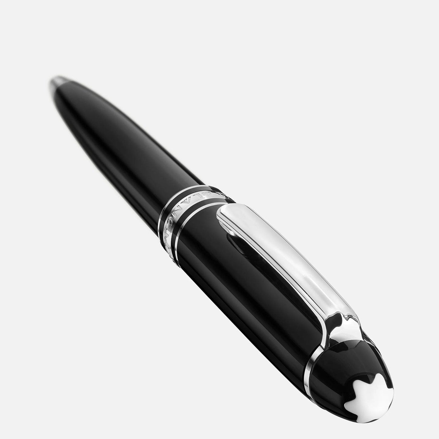 A sleek black ballpoint pen with silver accents, lying horizontally against a white background. The Montblanc Meisterstück Platinum Coated Mozart boasts a shiny clip and a platinum-coated glossy finish, embodying luxury writing at its finest.