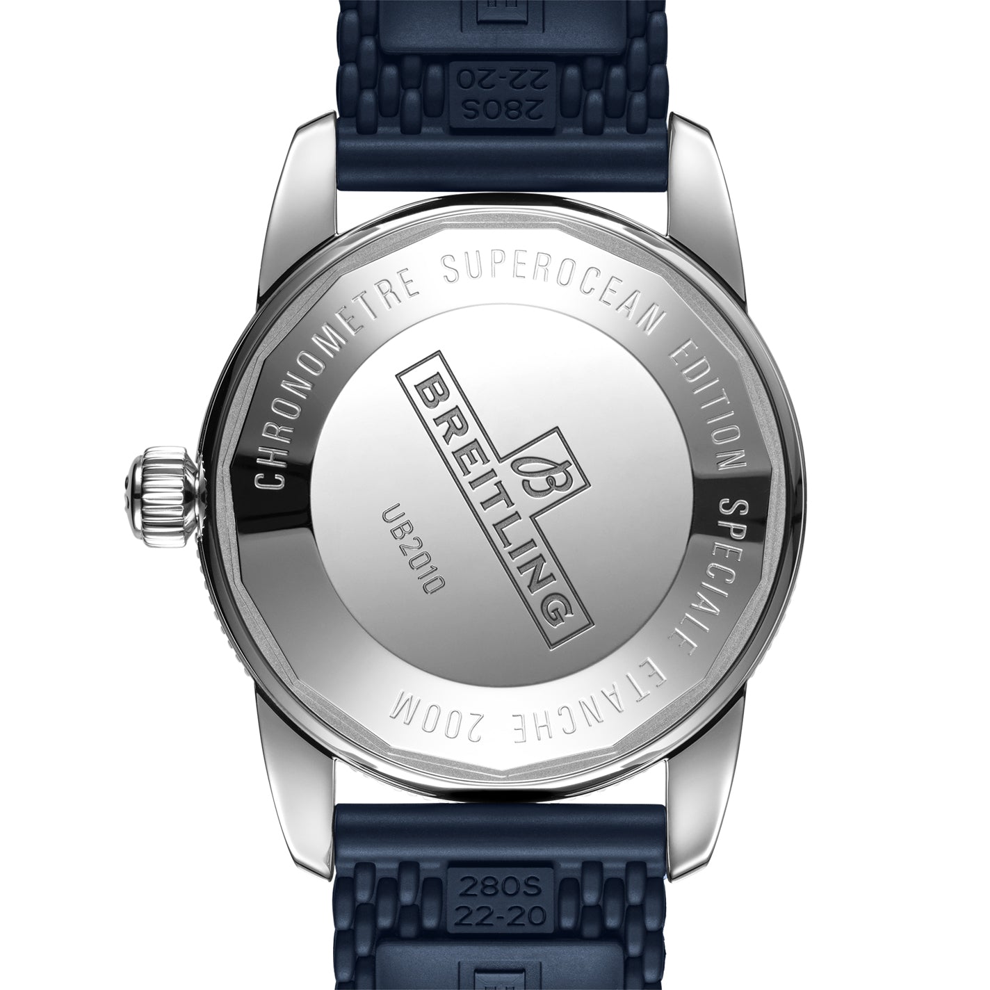 The image showcases the back of a BREITLING Superocean Heritage B20 Automatic 42 watch by Breitling, highlighting its silver case with inscriptions "Chronometre Superocean Edition Speciale France" and "Breitling." This COSC-certified chronometer features a blue strap with a textured band marked "28OS 22-20" and "28OB 22-20," embodying the distinctive Superocean Heritage style.