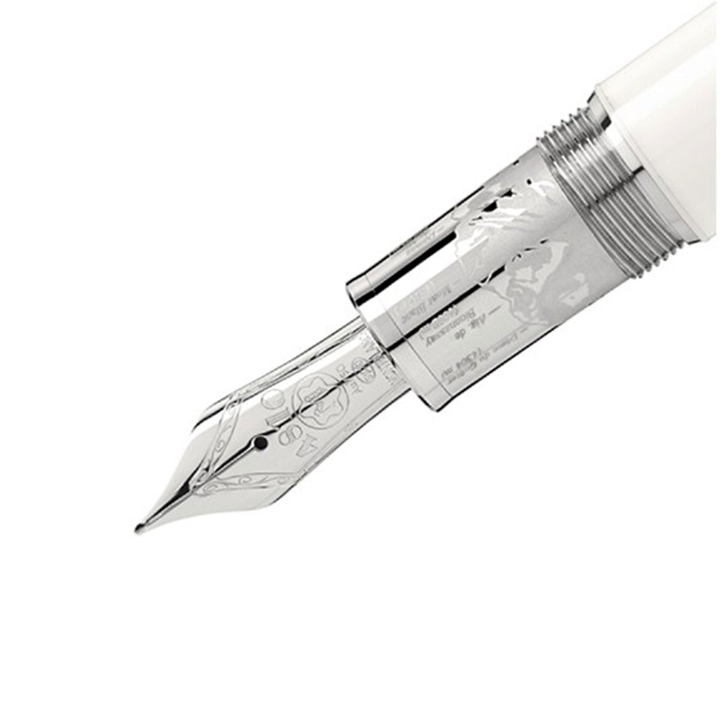 Close-up of a handcrafted silver nib with intricate engravings from the Montblanc Meisterstück Tribute To The Montblanc Fountain Pen, attached to a sleek white pen body on a plain white background. This exquisite piece embodies the timeless elegance found in Montblanc's signature collection.