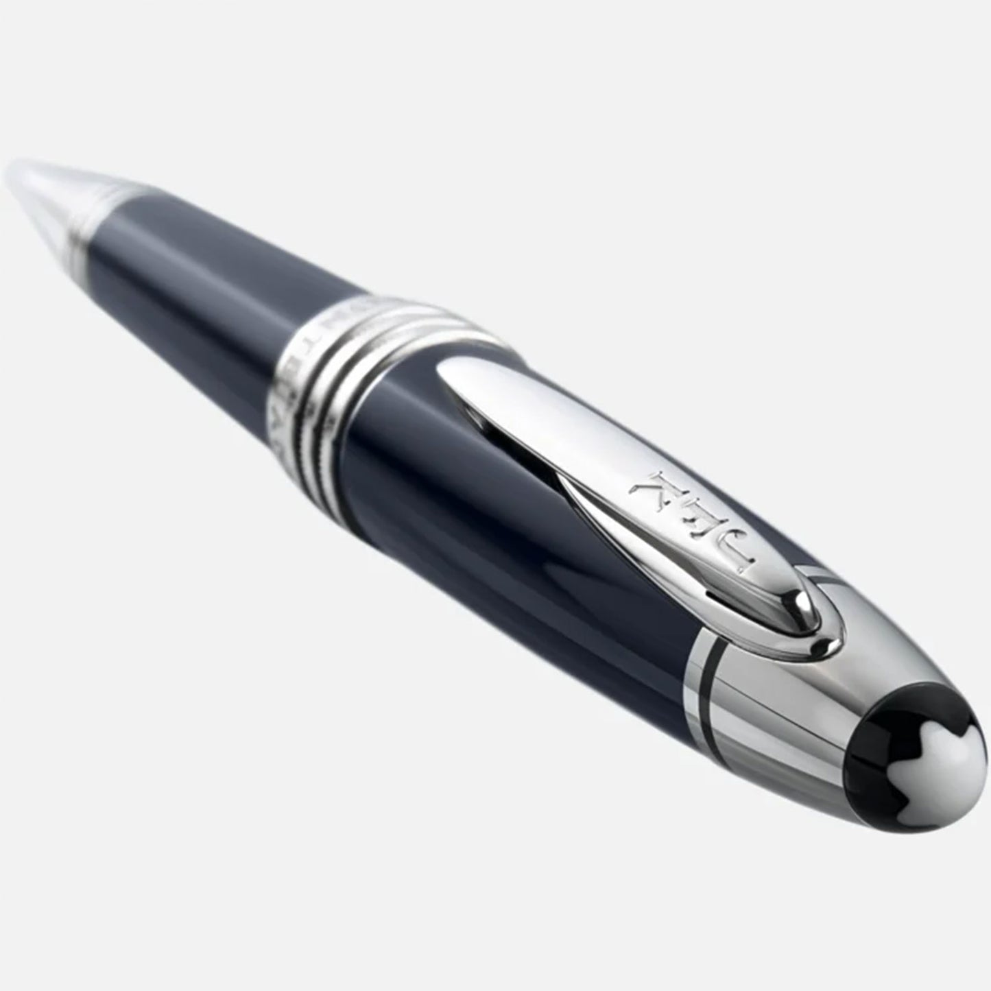 The Montblanc Great Characters John F. Kennedy Special Edition Ballpoint Pen showcases a sleek black and silver design with a shiny finish, featuring a smooth, curved clip and center band. Positioned on a plain white background, this special edition pen exudes timeless elegance.