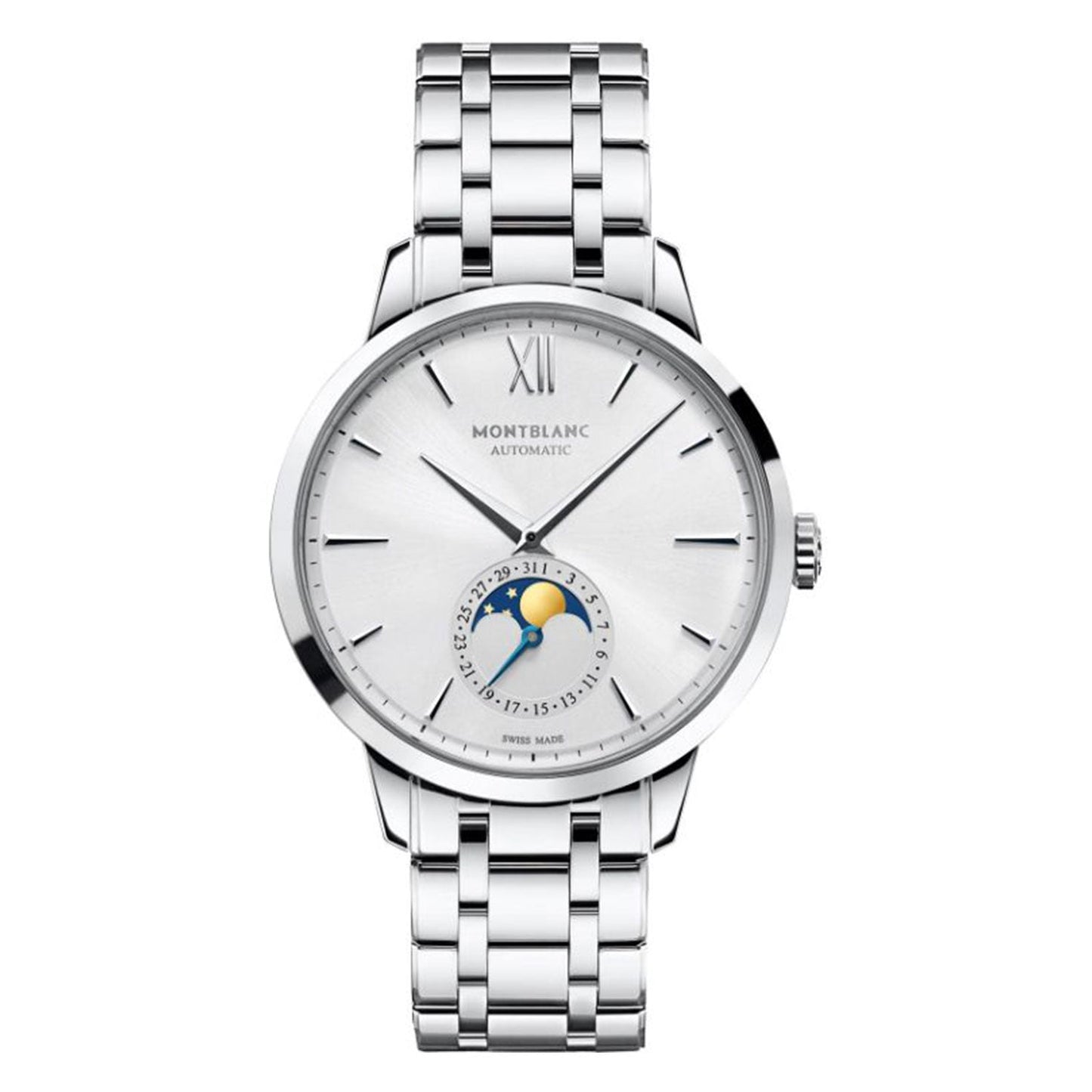 The Montblanc Heritage Spirit Moonphase Automatic 39MM Watch boasts a silver metal link band and a white dial adorned with slim black hour markers. The 12 o'clock position is marked by a Roman numeral, and above the 6 o'clock position lies a small subdial featuring a Moonphase indicator. The brand logo is elegantly placed below the 12 o'clock mark.