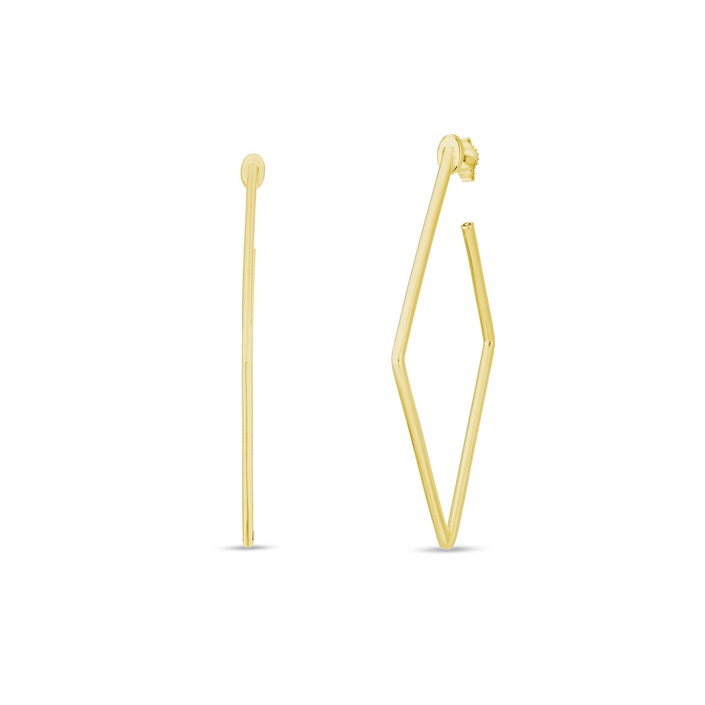 The Roberto Coin 18K Yellow Gold Designer Square Hoop Earrings feature two perspectives: a side view revealing a sleek, straight line, and an angled view emphasizing a geometric, elongated diamond shape. Both angles accentuate the minimalist and elegant design, exquisitely crafted in 18k yellow gold.