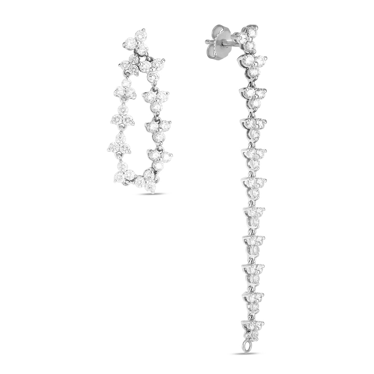 A pair of sophisticated earrings is presented: one is a small hoop adorned with floral designs, and the other is a long, dangling piece with interconnected floral patterns. Crafted in 18K white gold, the Roberto Coin Classic Diamond Convertible Flower Drop Earrings boast an elegant shine.