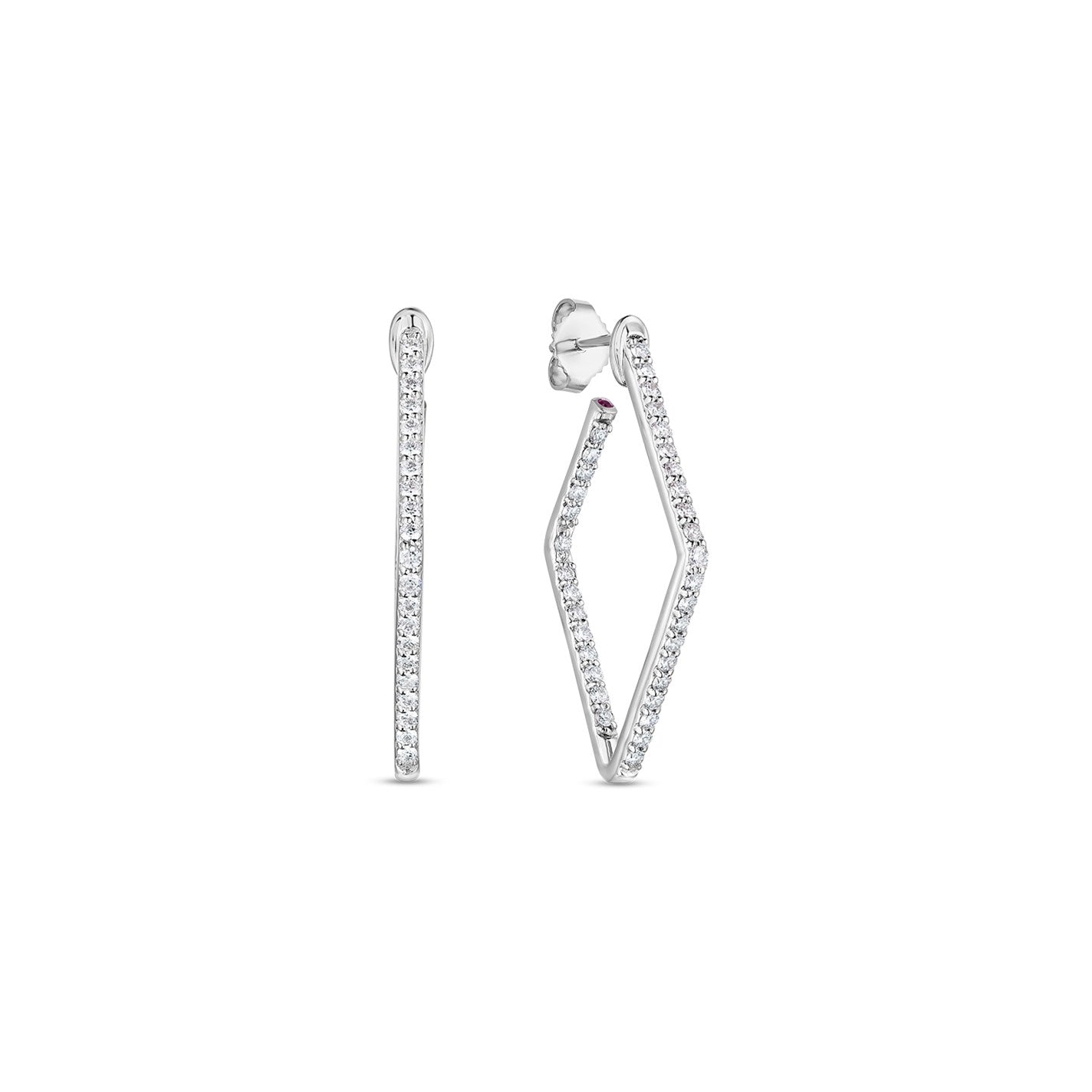 These Roberto Coin Classic Diamond 18K White Gold Small Square Hoop Earrings showcase a stunning vertical bar encrusted with small diamonds, paired with an angular square hoop adorned with diamonds. Both pieces feature secure post-and-back fittings for enhanced elegance and comfort.