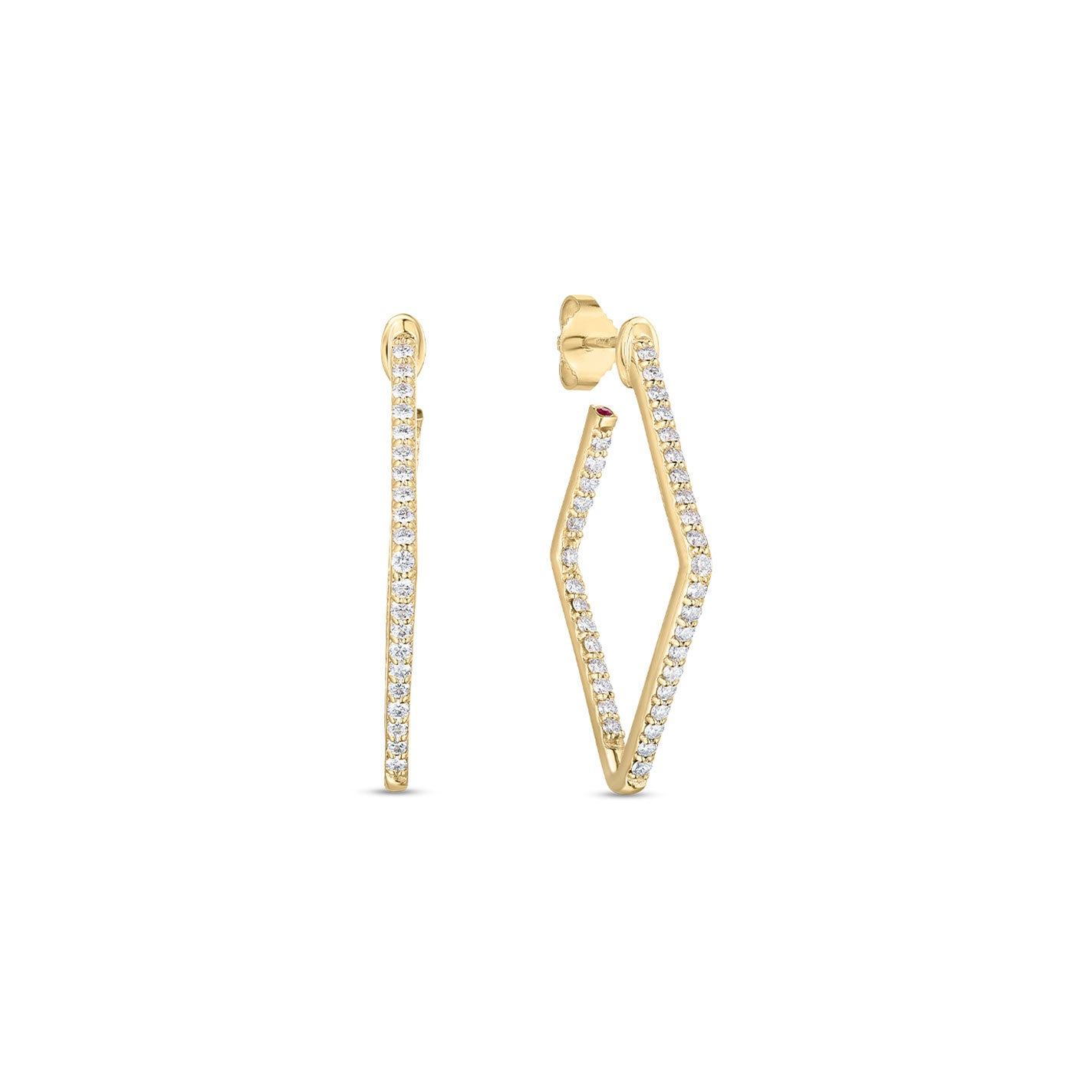 From the Roberto Coin Classic Diamond Collection, these 18K yellow gold small square hoop earrings showcase a geometric design, encrusted with shimmering diamonds. One earring is displayed from the front and the other from the side, emphasizing their exquisite detailing.