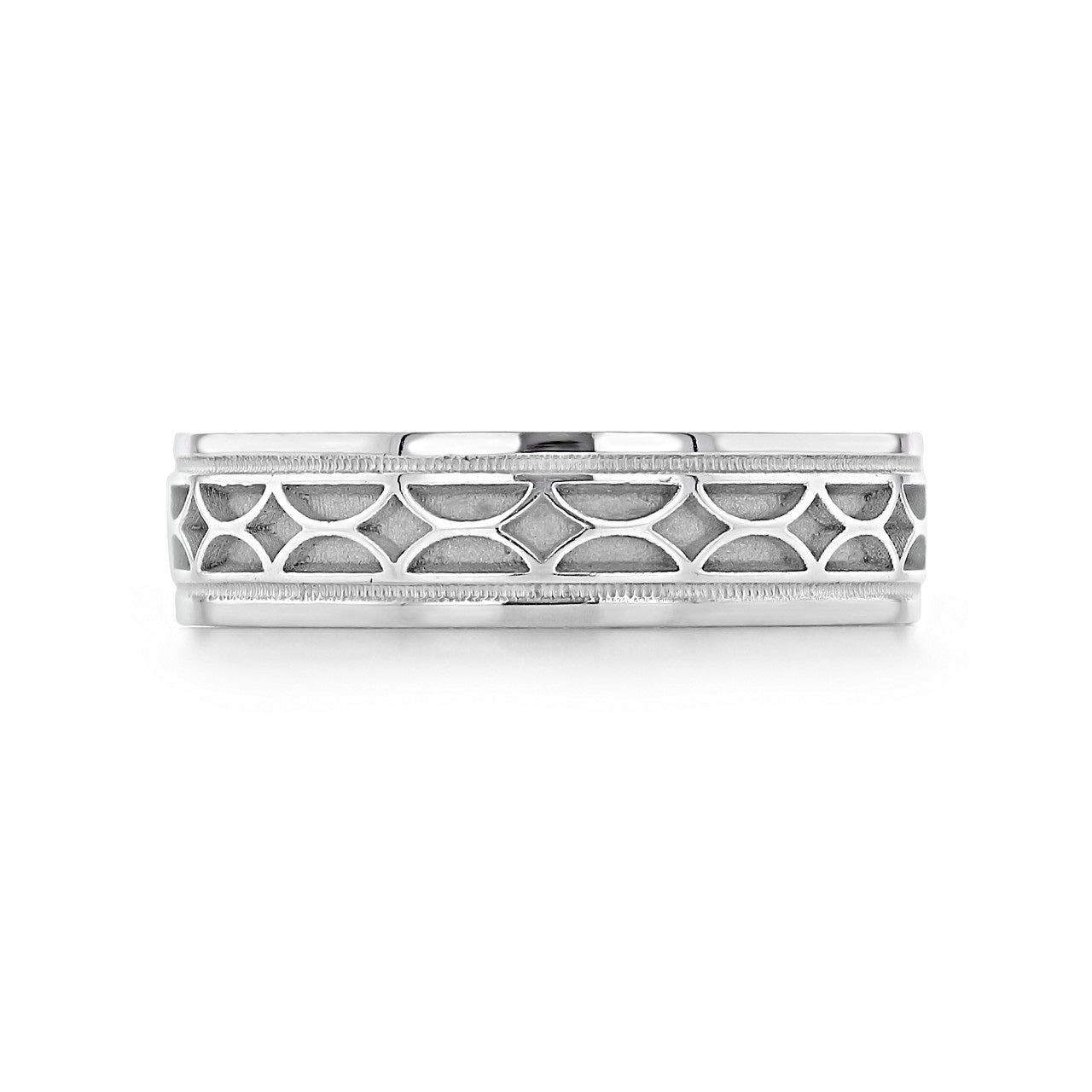 The Tacori Geometric High Polish Finish 18K White Gold Men's Wedding Band showcases a geometric design with cut-out shapes encircling the band. Its modern and intricate style adds a textured appearance that beautifully contrasts with its smooth, polished edges, echoing the refined trends of Tacori engagement rings.