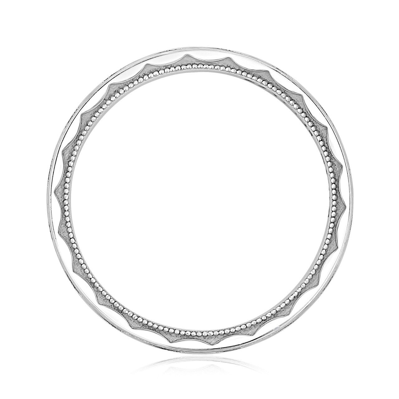 A circular, silver border with intricate scalloped detailing along the inner edge mirrors the distinctive style of a Tacori Geometric High Polish Finish 18K White Gold Men's Wedding Band by Tacori, against a white background.