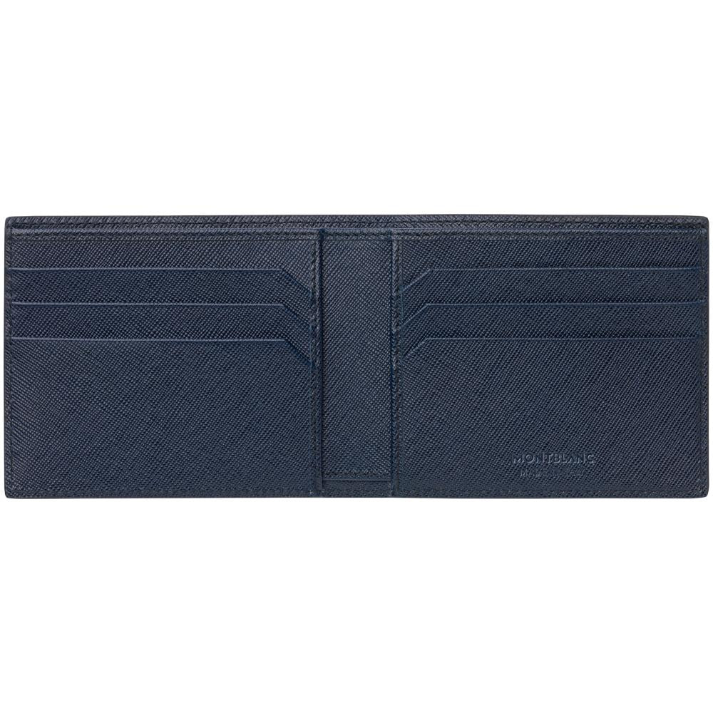 The Montblanc Sartorial Wallet 6cc in navy blue leather, crafted by Montblanc, features multiple credit card slots. Its Italian full-grain leather texture is prominent when the wallet is open and flat, highlighting its elegance and craftsmanship.