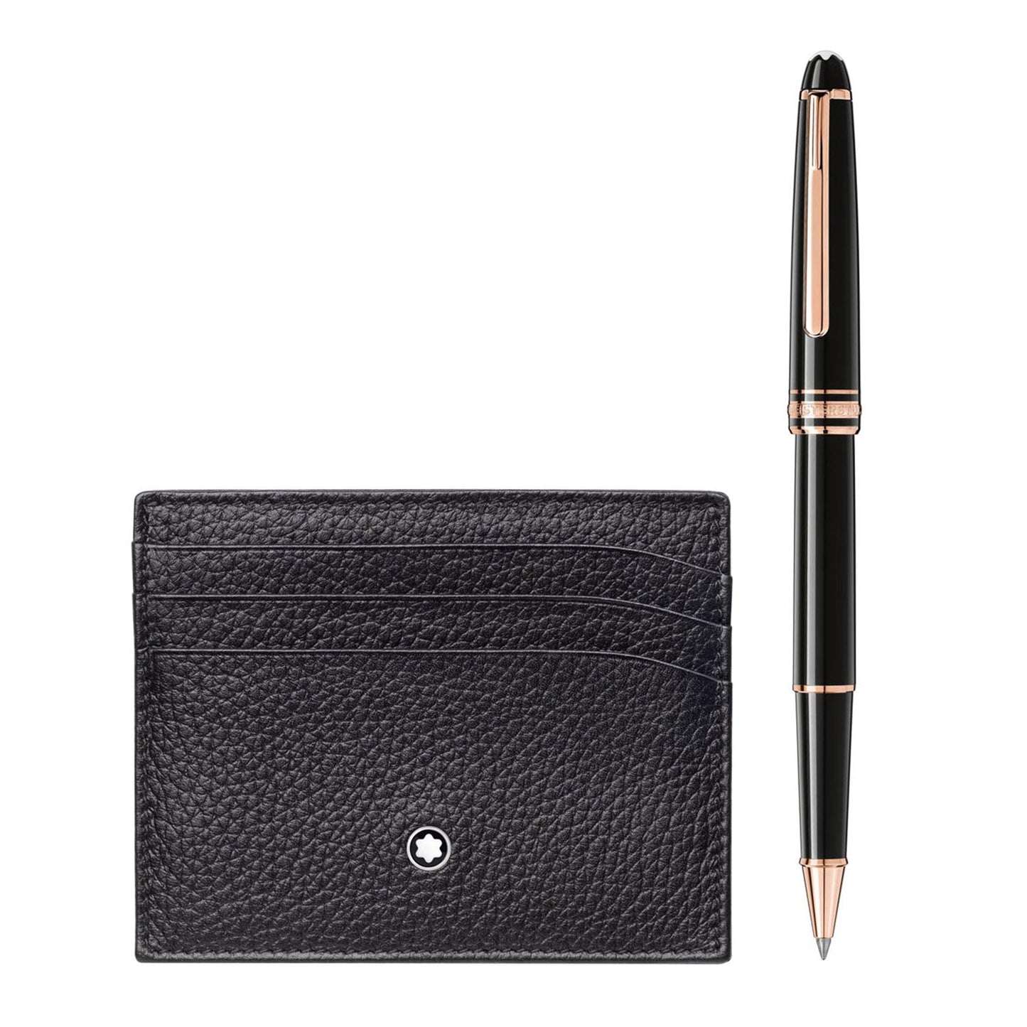 A Montblanc Meisterstück Black Rollerball Pen & Pocket Holder 6CC Set is showcased. The pocket holder features multiple slots for cards, and the rollerball pen is elegantly designed with gold accents along its clip and tip.