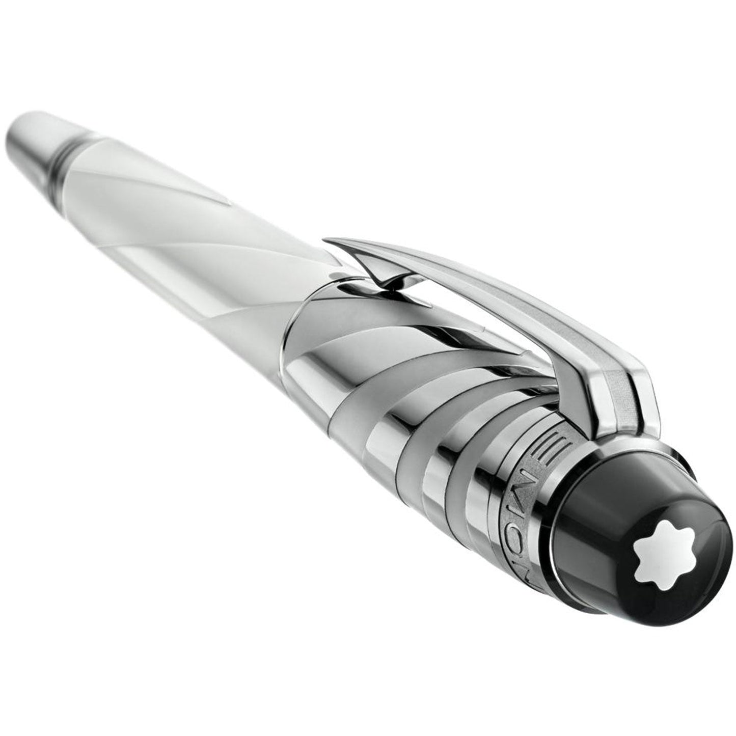 Introducing the Montblanc Starwalker Ceramics Doue White Fineliner Pen, a masterpiece from Montblanc. This pen dazzles with intricate, twisted design patterns on its shiny silver barrel, evoking the spirit of Italian Futurism. It features a black cap adorned with a white emblem and boasts a sleek clip, enhancing its ultra-performance metallic and polished aesthetic.