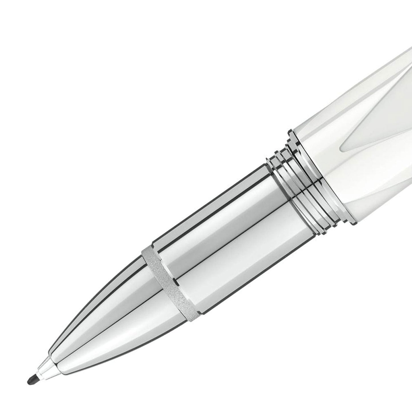 Close-up of the Montblanc Starwalker Ceramics Doue White Fineliner Pen's shiny metallic tip featuring intricate grooves and a small black point, capturing an aura of ultra-performance, set against a white background.