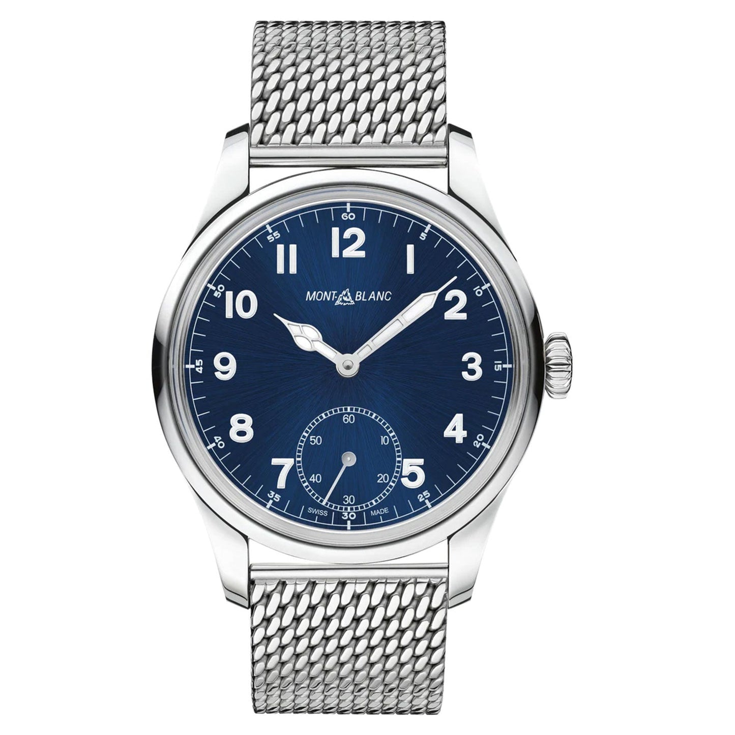 A premium Montblanc Heritage Manual 44MM watch with a blue dial featuring white numerals and a stainless steel mesh band. This elegant timepiece showcases hour, minute, and second hands, complemented by an additional small seconds subdial gracefully positioned above six o'clock.