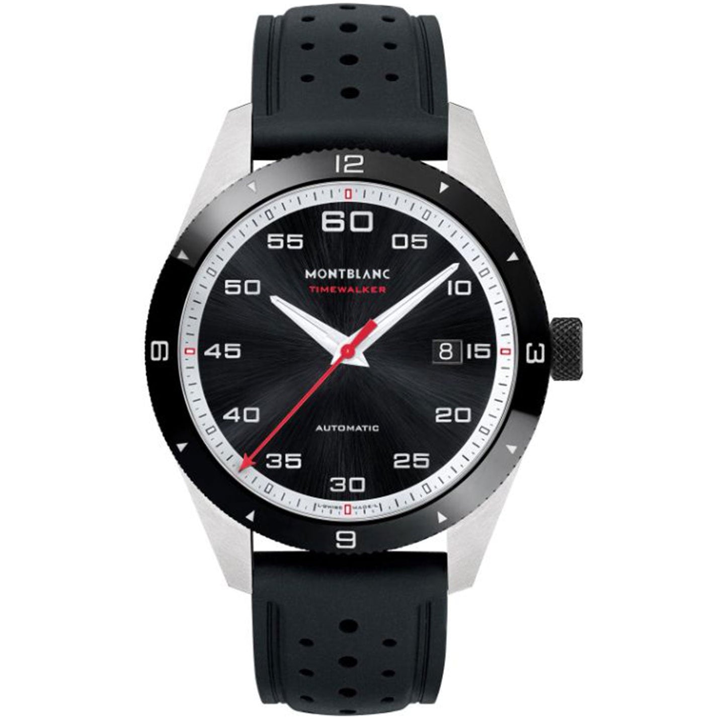 The Montblanc TimeWalker Automatic Date 41mm Watch is an elegant timepiece that boasts a black textured dial with white numerals and a striking red second hand. It is housed in a stainless steel case and features a black bezel marked with minute indicators, complemented by a black perforated rubber strap.