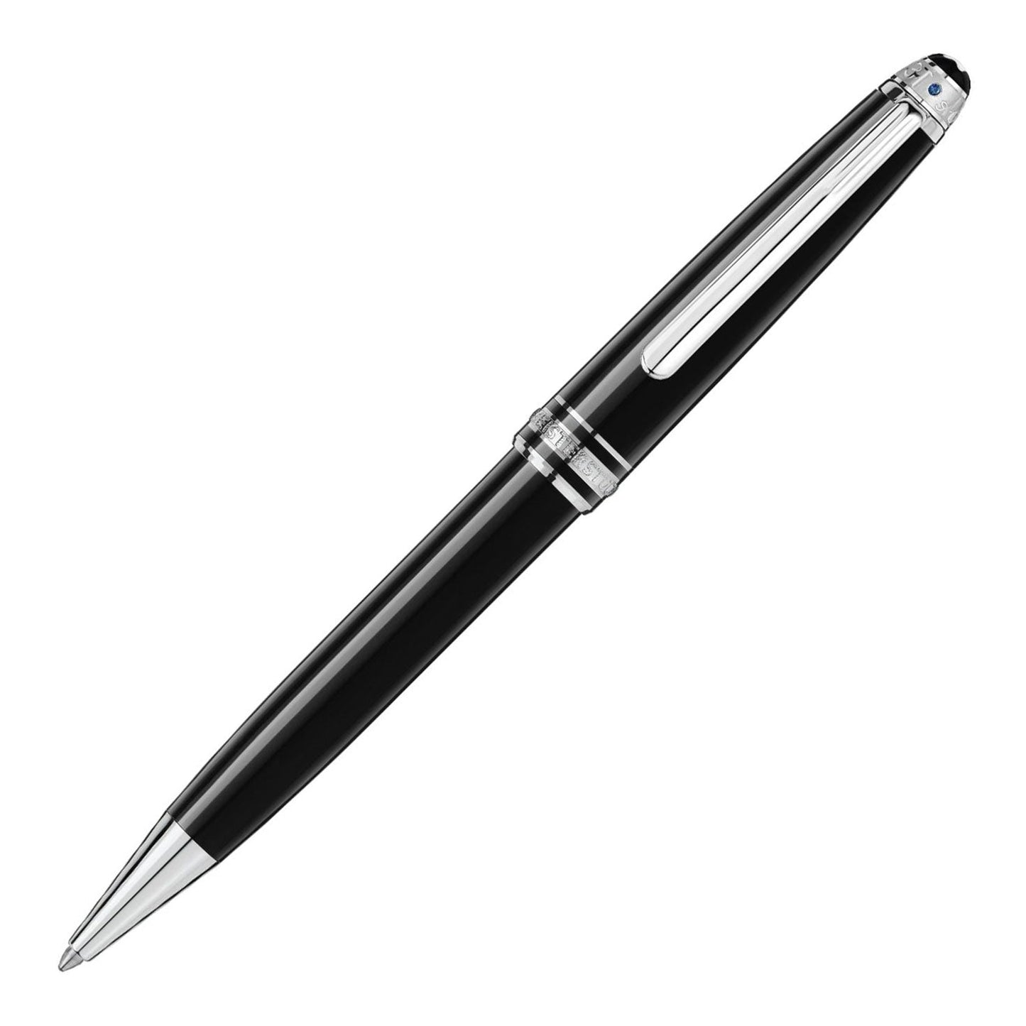 Behold the Montblanc Meisterstück UNICEF Classique Ballpoint Pen, an elegant black writing instrument accented with silver features and a streamlined design. Its shiny clip and polished tip enhance its sophisticated appearance, presented against a stark white background.
