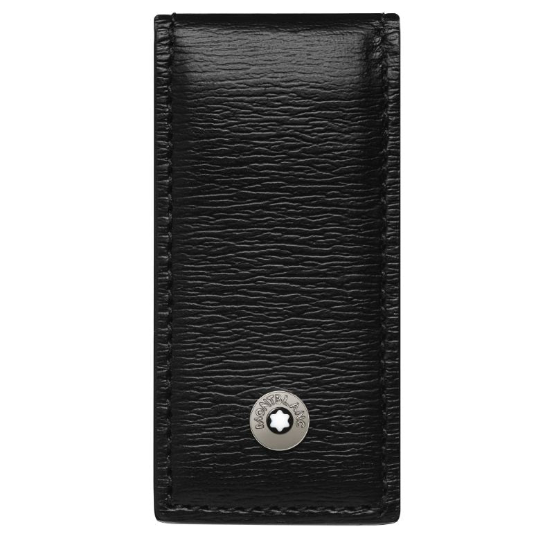 The Montblanc Westside Money Clip, crafted from black cowhide leather with a textured finish, showcases a silver Montblanc emblem at the bottom. This sophisticated accessory features a flap closure and precise stitching along the edges.