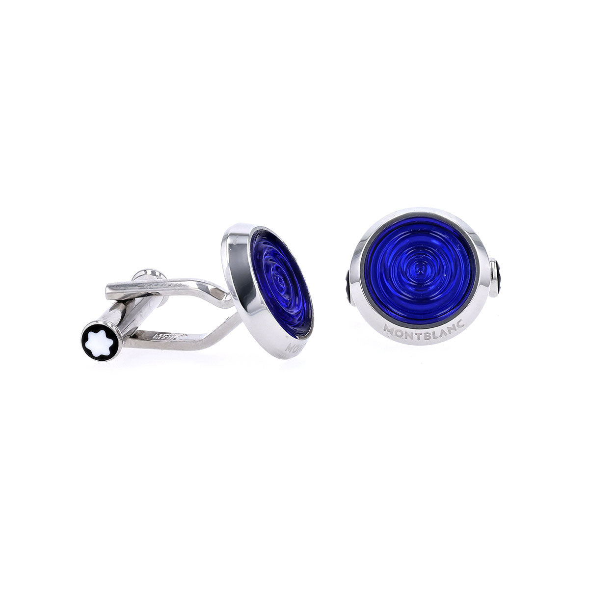 These Montblanc Raindrop Cufflinks highlight a captivating blue circular enamel design. One cufflink is upright, adorned with a star emblem on the closure, while the other lies flat, both showcasing their sophisticated elegance. Made from high-quality stainless steel, they offer distinctive blue accents for a refined appearance.