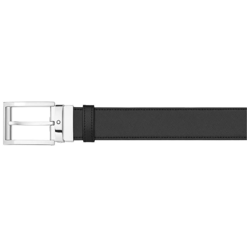 A reversible leather belt by Montblanc featuring a black color and a shiny palladium-coated buckle, displayed on a white background.