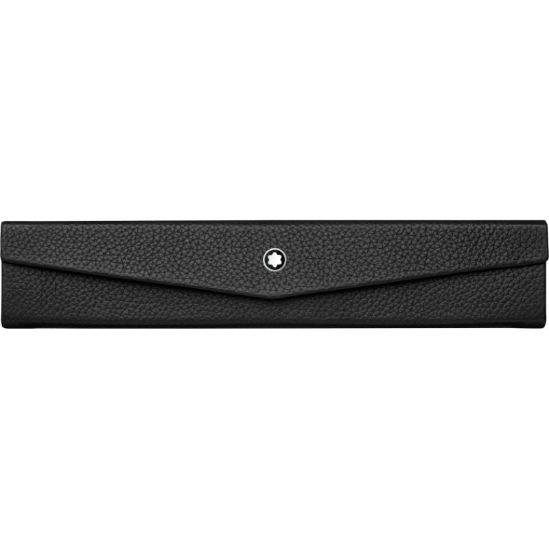 The Montblanc Soft Grain Black Leather Pen Pouch, crafted by Montblanc, showcases a sleek design with a textured surface and a triangular flap, elegantly accented with a palladium-coated emblem at the center. Its minimalist aesthetic radiates refined elegance.