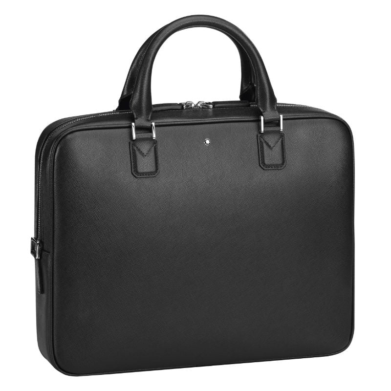 The Montblanc Sartorial Leather Slim Document Case is a sophisticated accessory made from black Saffiano leather, complete with silver zippers and two durable handles. Its minimalist design and textured surface make it perfect for professional use, capturing the elegant style associated with Montblanc.