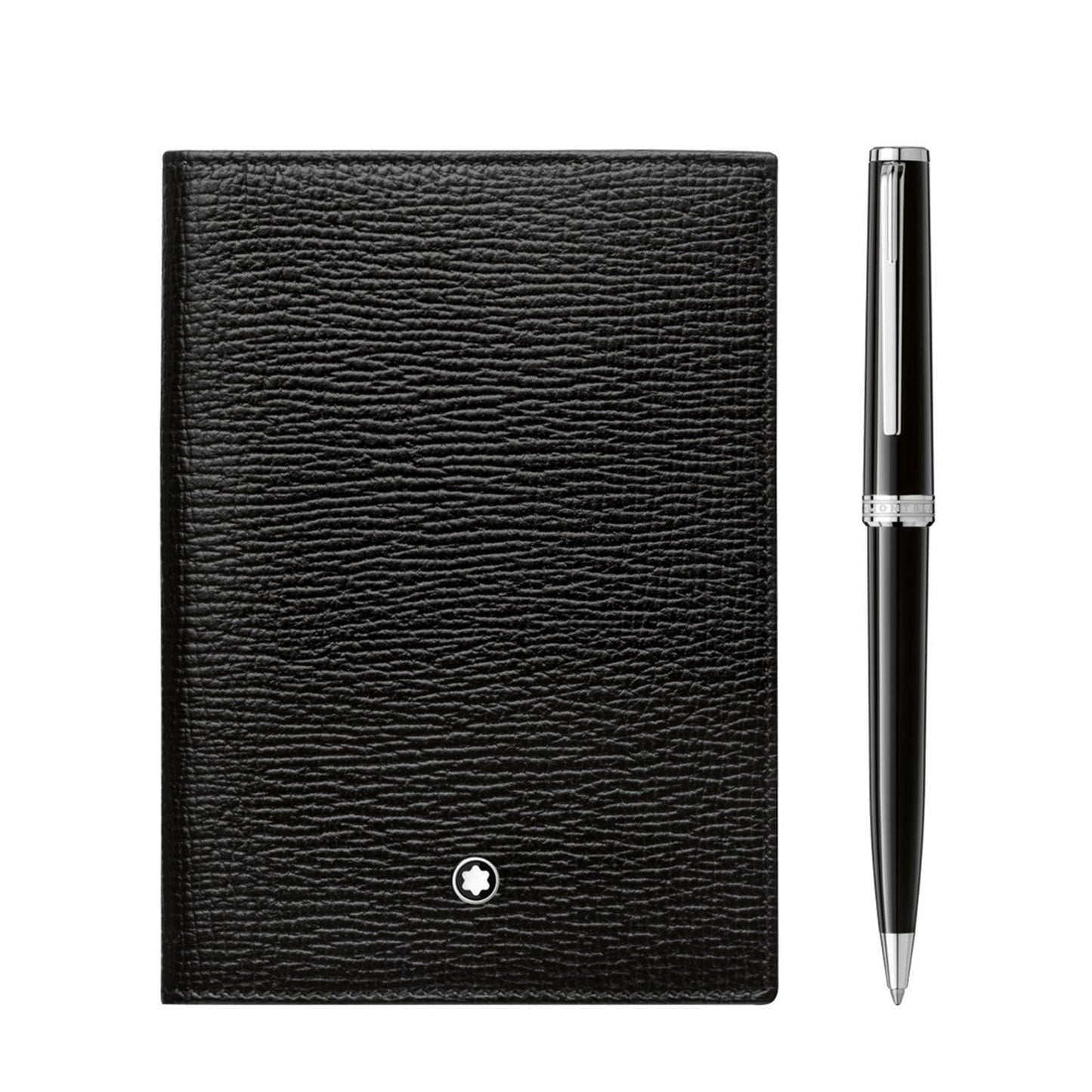 The Montblanc Pix Ballpoint Pen and Passport Holder Set combines elegance and sophistication, featuring a black leather passport holder with a textured cover and a sleek ballpoint pen adorned with silver accents. The passport holder is enhanced by a small white circular Montblanc emblem on the front, and both products are beautifully presented against a plain white background.
