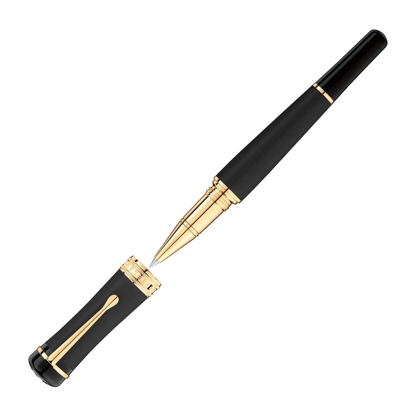The Montblanc Pen Bonheur Nuit Rollerball Pen exudes sophistication with its sleek black and gold design, featuring a shiny finish and the cap positioned to the left. Its elegant style is perfect for those who appreciate timeless grace, highlighted by its radiant golden accents.