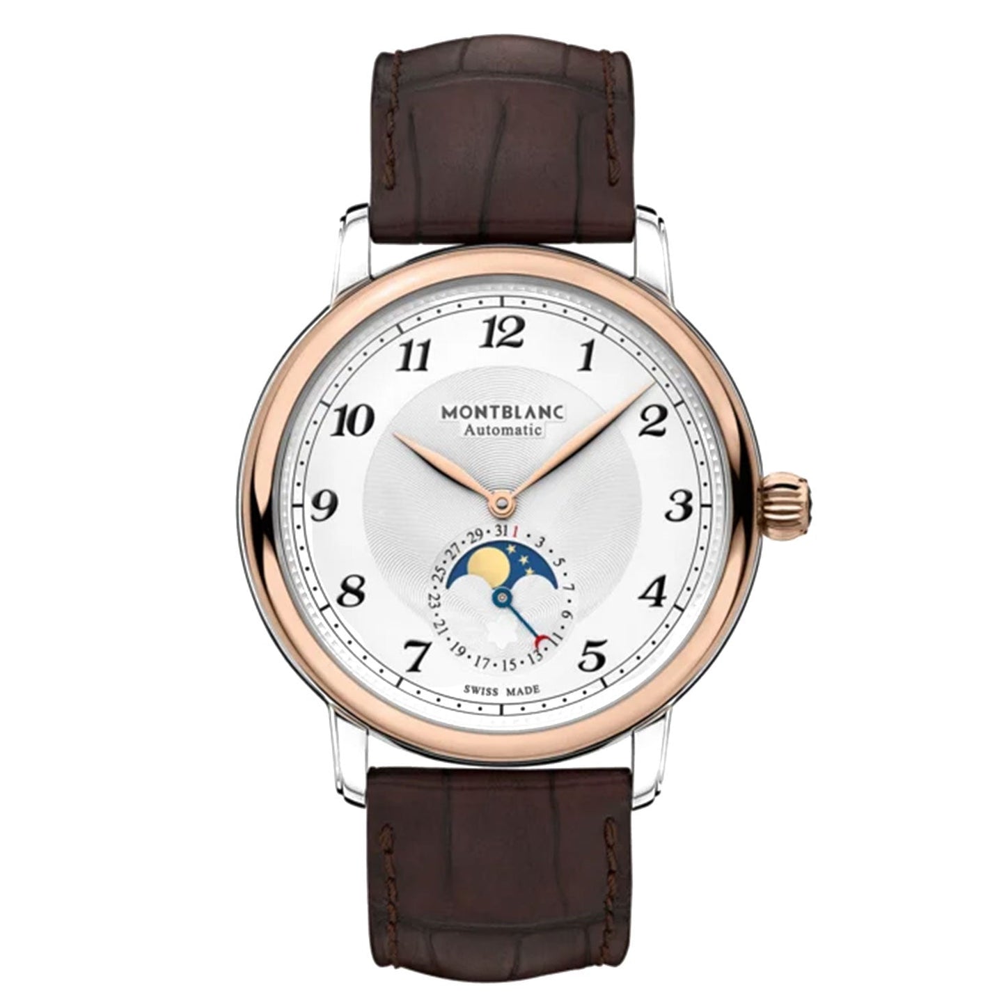 The Montblanc Star Legacy Moonphase Automatic 42mm Watch showcases an 18K rose gold-accented bezel, which pairs elegantly with its white dial and brown leather strap. It features black Arabic numerals, a date display, and a moonphase indicator at the 6 o'clock position, blending classic design with functional sophistication.