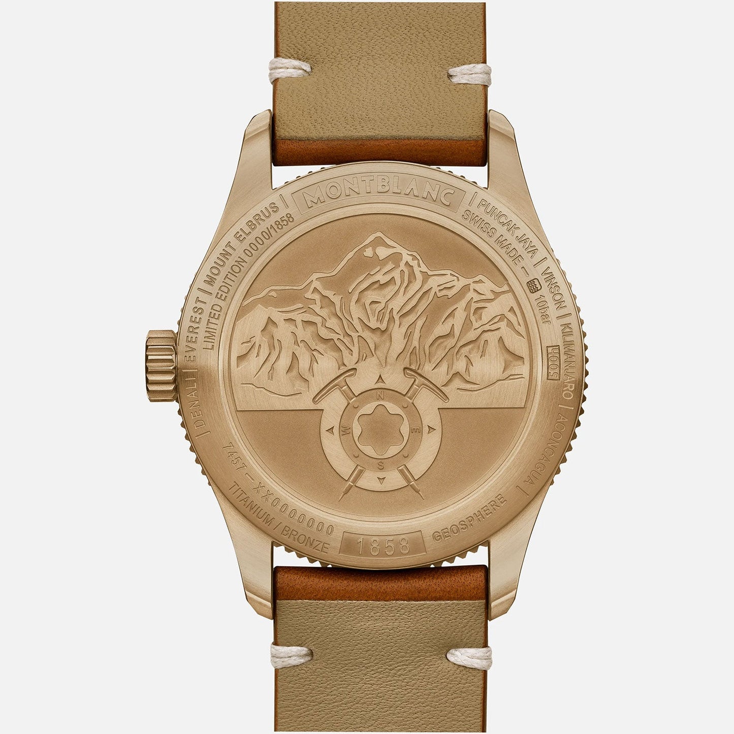 The reverse side of the Montblanc 1858 Geosphere Limited Edition Automatic 42mm Watch displays an intricately engraved mountain design accompanied by detailed inscriptions around the perimeter. It boasts a titanium bronze case and a beige leather strap accented with white stitching, symbolizing both elegance and a spirit of exploration.