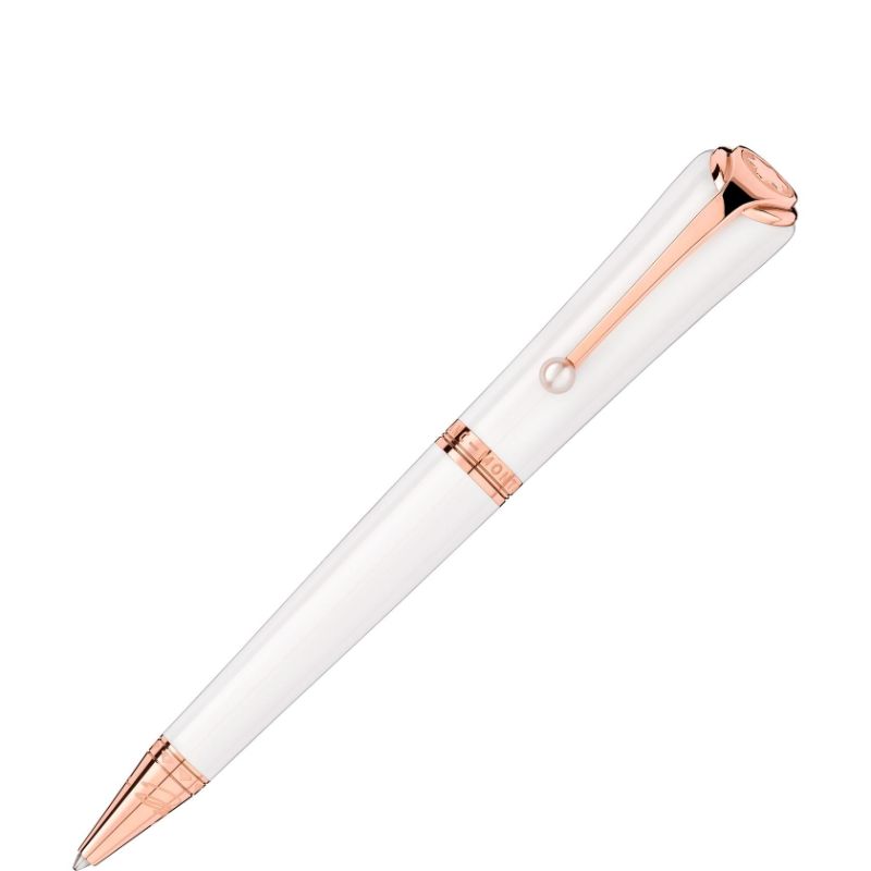 A sleek, elegant Montblanc Muses Marilyn Monroe Special Edition Pearl Ballpoint Pen with a white body and rose gold accents, reminiscent of a style icon's timeless charm, featuring a smooth clip and tapered tip.
