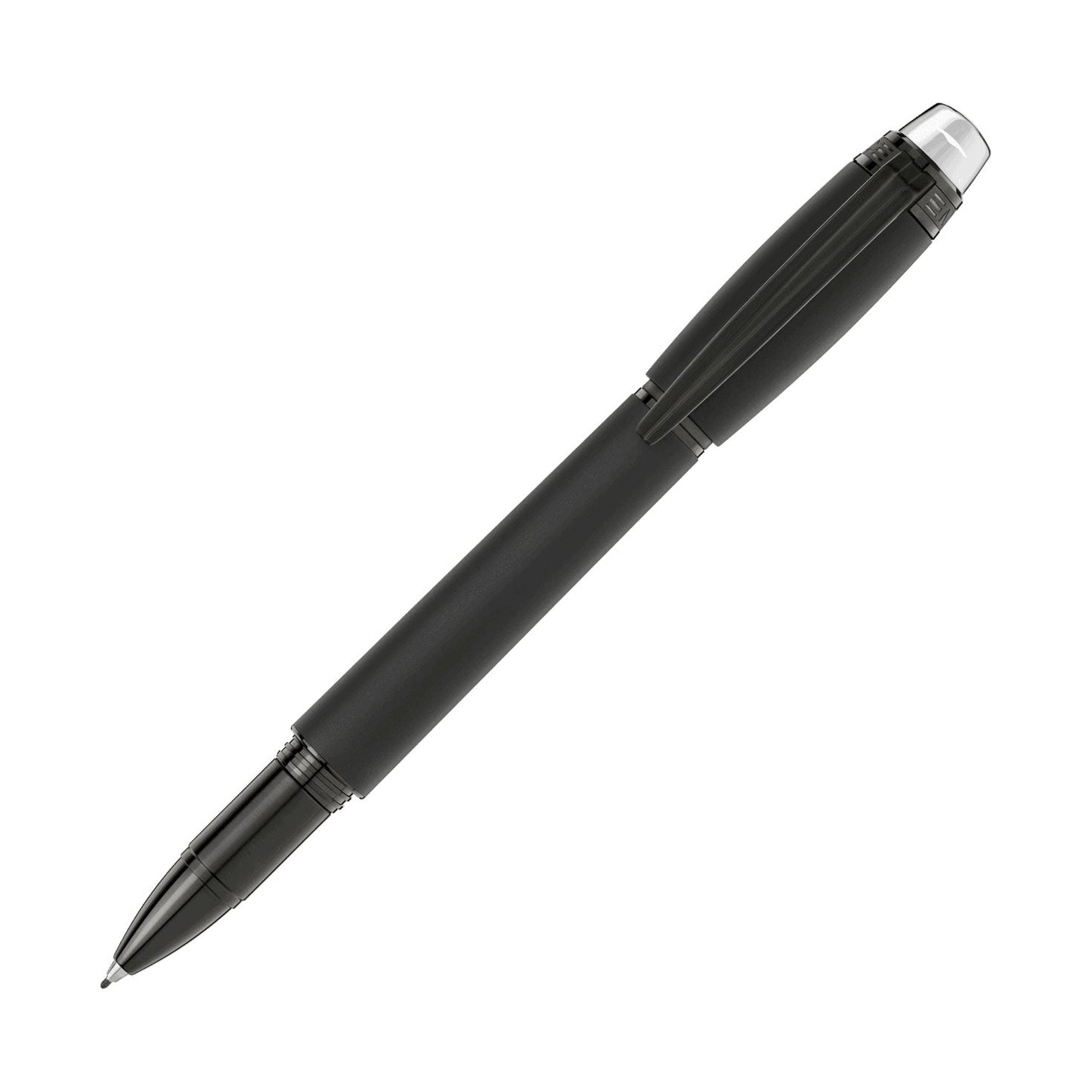 A sleek Montblanc Starwalker Ultra Black Fineliner Pen in black, featuring a glossy finish and silver accents, is depicted against a white background. It boasts a tapered tip with a clip attached to the cap, highlighted by the iconic Montblanc emblem.