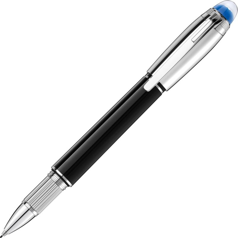 Introducing the Montblanc StarWalker Doue Fineliner Pen, a stylish writing instrument in black and silver with a clear tip and blue accent at the end. Featuring a convenient side clip for easy attachment to documents or clothing, this pen is crafted from black precious resin, embodying the modern elegance synonymous with Montblanc.