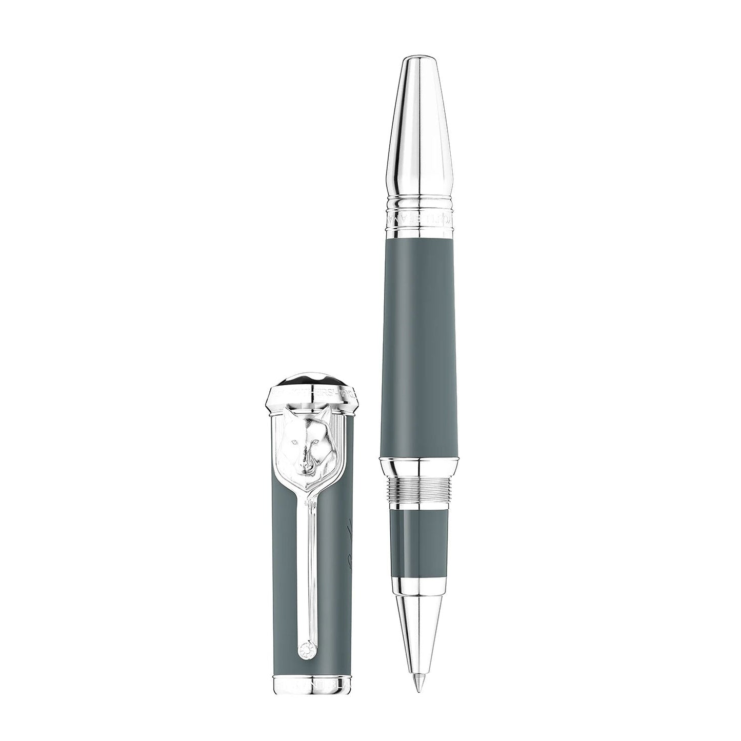 The Montblanc Writers Edition Homage to Rudyard Kipling Limited Edition Rollerball Pen in sleek gray with silver accents stands upright beside its matching cap, both exuding a modern and elegant design that echoes the classic allure of the Writers Edition. It's an ideal choice for those inspired by timeless tales like the Jungle Book.