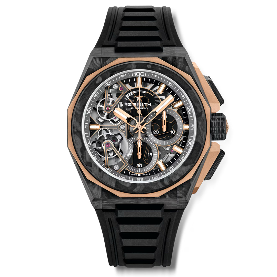 The ZENITH Defy Midnight Elite 670 by Zenith is a luxury watch showcasing a black and gold design with an ELITE automatic calibre. It features a skeleton dial, diamond-set bezel, black strap, prominent crown, and highlights intricate gears and chronograph functions.